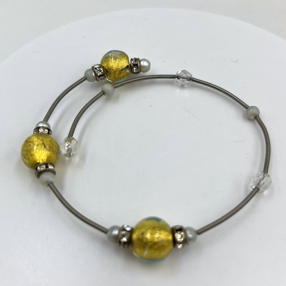 Vintage Adjustable Wire Bangle Bracelet Gold Foil Glass Beads Rhinestone Accents